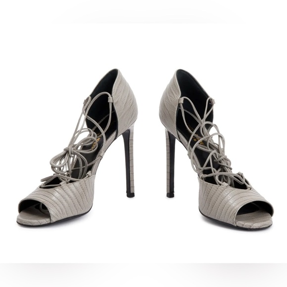 Saint Laurent Embossed Leather Gladiator Open Toe Heels Gray lace up ankle Wrap - Picture 9 of 10